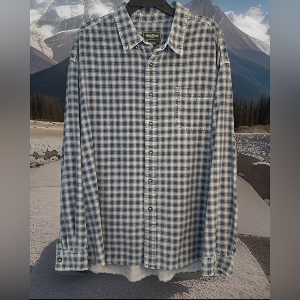 Vintage Eddie Bauer Mens 3XL Corduroy Long Sleeve Button Up Blue Tan Plaid